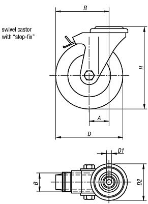 Swivel castor with stop fix, electrically conductive