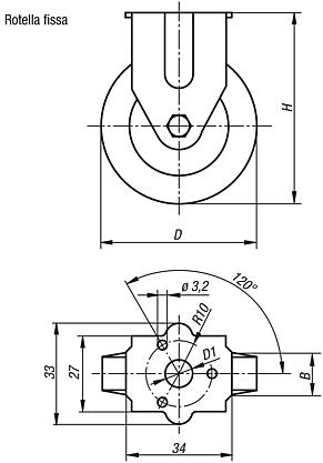 Rotelle industriali fisse con freno "stop fix", elettricamente conduttive, con superficie di scorrimento in gomma, versione standard
