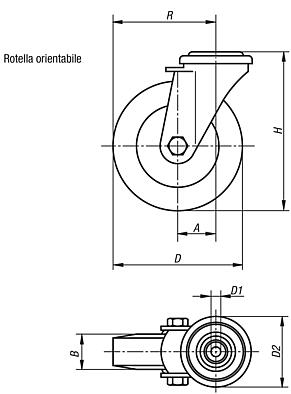 Rotelle industriali orientabili, elettricamente conduttive, con superficie di scorrimento in gomma, versione standard
