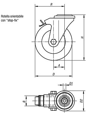 Rotelle industriali orientabili con freno "stop fix", elettricamente conduttive, con superficie di scorrimento in gomma, versione standard