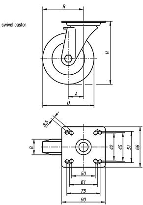 Steel plate swivel castors, electrically conductive with rubber tread, heavy duty version