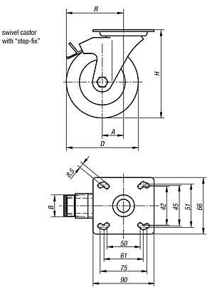 Swivel castor with stop fix, electrically conductive