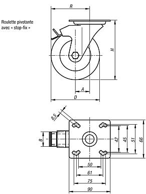Roulettes pivotantes en tôle d’acier avec système «°stop-fix°», conductrices d’électricité, avec bande de roulement en caoutchouc, modèle lourd