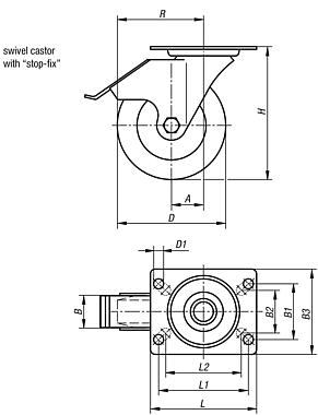 Swivel castor with stop fix, electrically conductive