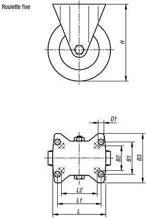 Roulettes fixes en tôle d’acier, conductrices d’électricité, avec bande de roulement en caoutchouc, modèle standard