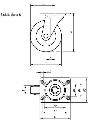 Roulettes pivotantes en tôle d’acier, conductrices d’électricité, avec bande de roulement en caoutchouc, modèle standard