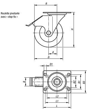 Roulettes pivotantes en tôle d’acier avec système «°stop-fix°», conductrices d’électricité, avec bande de roulement en caoutchouc, modèle standard