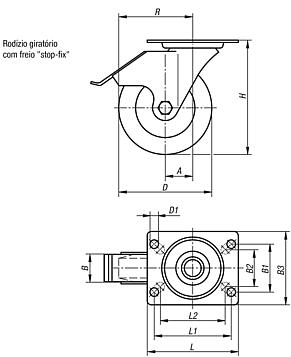 Rodízio industrial giratório com stop fix, eletricamente condutivo