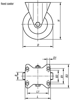 Steel plate fixed castors with vulcanised-on elastic solid rubber tyres, standard version