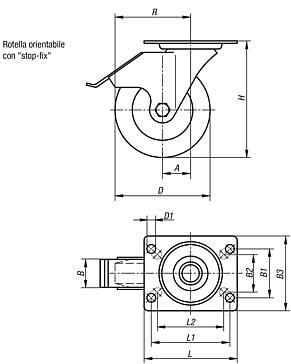 Ruote orientabili in lamiera d'acciaio con sistema stop fix e superficie di scorrimento in gomma piena elastica, versione media