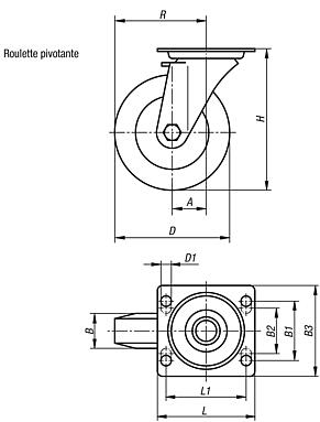 Roulettes pivotantes en tôle d’acier avec bande de roulement en Extrathane, modèle mi-lourd