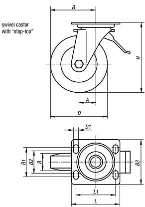 Swivel castors with "stop-top"