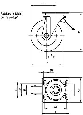 Ruote orientabili in acciaio saldato con sistema stop-top, con superficie di scorrimento in Extrathane, versione robusta