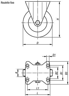 Roulettes fixes en tôle d’acier avec roue en polyamide, modèle standard