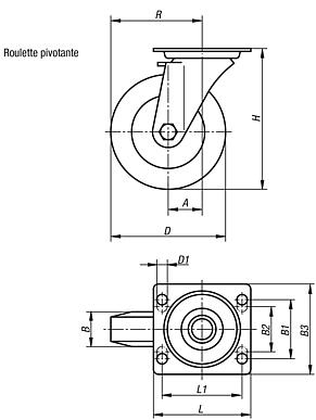 Roulettes pivotantes en tôle d’acier avec roue en polyamide, modèle standard