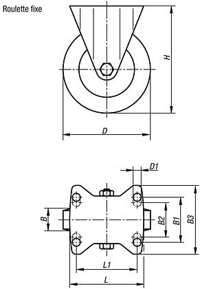 Roulettes fixes en tôle d’acier avec roue en polyamide, modèle lourd
