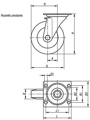 Roulettes pivotantes en tôle d’acier avec roue en polyamide, modèle lourd