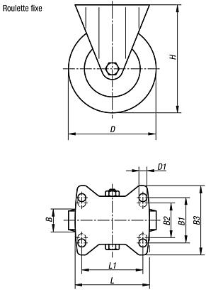 Roulettes fixes en tôle d’acier avec roue en polyamide, modèle lourd, roulement lisse ou à billes