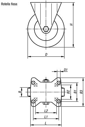 Ruote fisse in acciaio inox con ruota in poliammide, versione standard