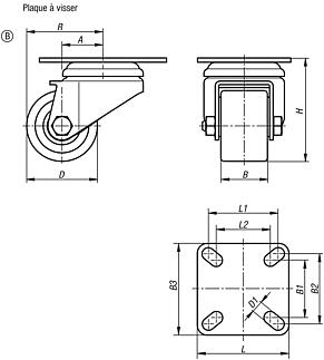 Roulette pivotante en tôle d'acier modèle compact, forme B