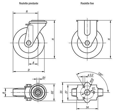 Roulette pivotante ou fixe conductrice d'électricité, modèle standard