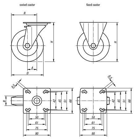 Swivel and fixed castors steel plate, electrically conductive, heavy-duty version