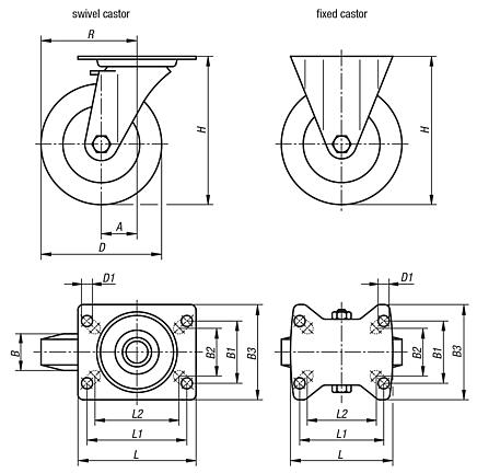 Swivel and fixed castors steel plate, electrically conductive standard version