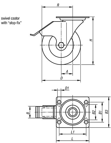 Swivel castors with stop fix