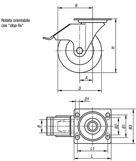 Ruote orientabili in lamiera d'acciaio con sistema "Stop-Fix" e pneumatici in gomma piena elastica vulcanizzata, versione standard