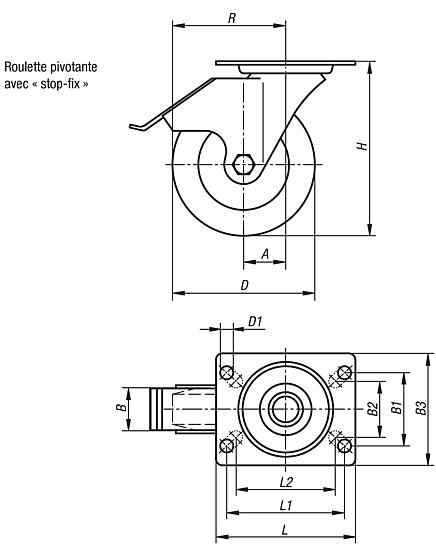 Roulettes pivotantes en tôle d’acier avec système «°stop-fix°», avec bande de roulement en caoutchouc souple