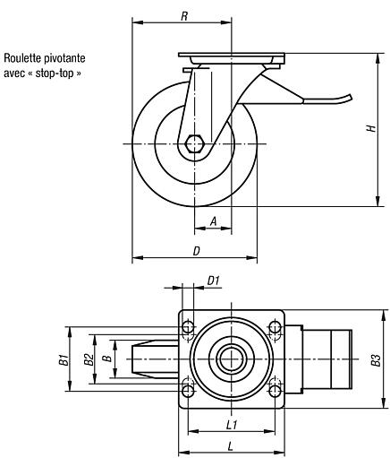 Roulettes pivotantes en tôle d’acier avec système stop-top, avec bande de roulement en Extrathane, modèle mi-lourd