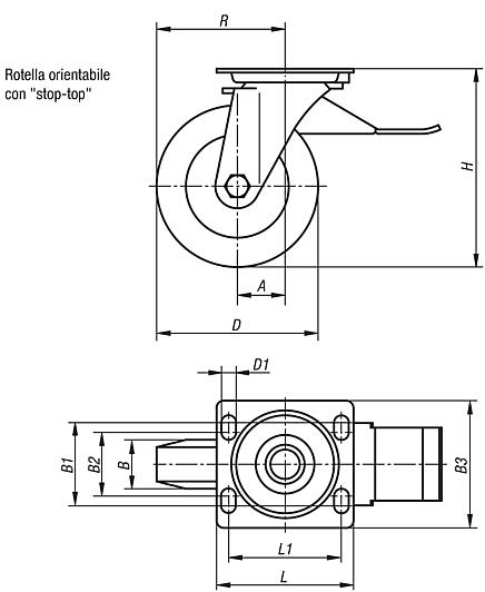 Ruote orientabili in lamiera d'acciaio con sistema stop-top, con superficie di scorrimento in Extrathane, versione robusta