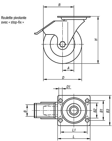 Roulettes pivotantes en tôle d’acier avec système « stop-fix », avec roue en polyamide, modèle standard