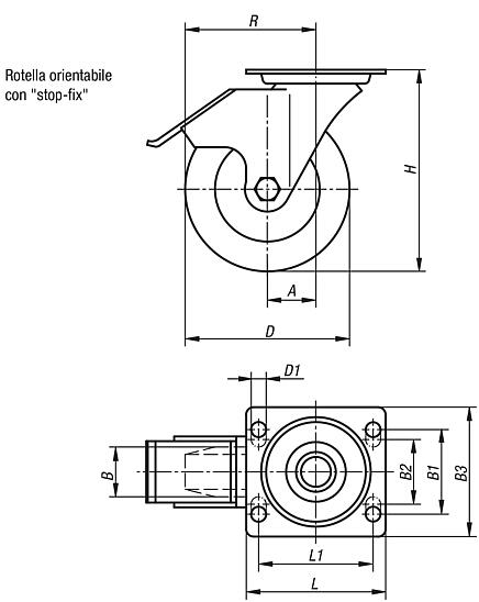 Ruote orientabili in lamiera d'acciaio con sistema "Stop-Fix" e ruota in poliammide, versione standard
