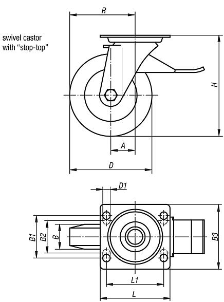 Swivel castors with stop top