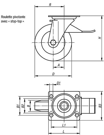 Roulettes pivotantes en tôle d’acier avec système stop-top, avec roue en polyamide, modèle lourd