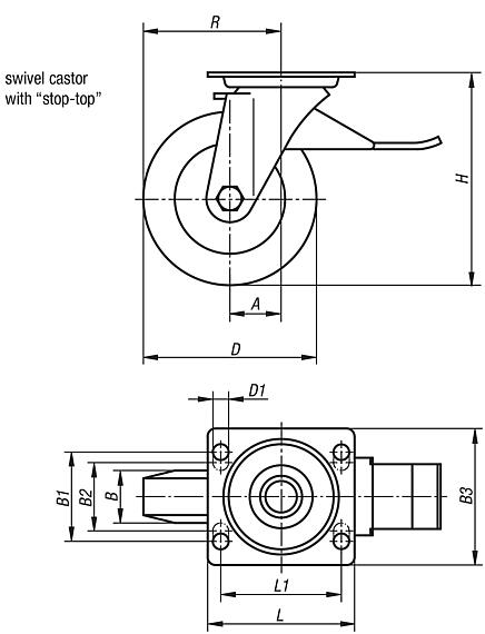 Swivel castor with "stop-top"