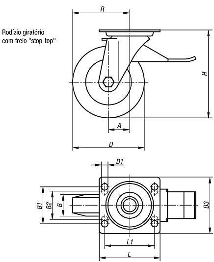 Rodízio industrial giratório com freio "stop-top"