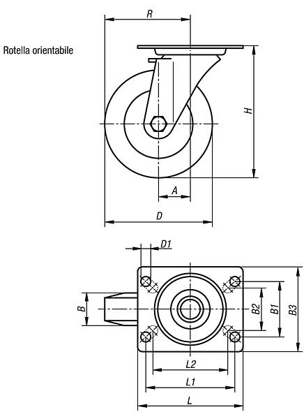 Ruote orientabili in acciaio inox con ruota in poliammide, versione standard