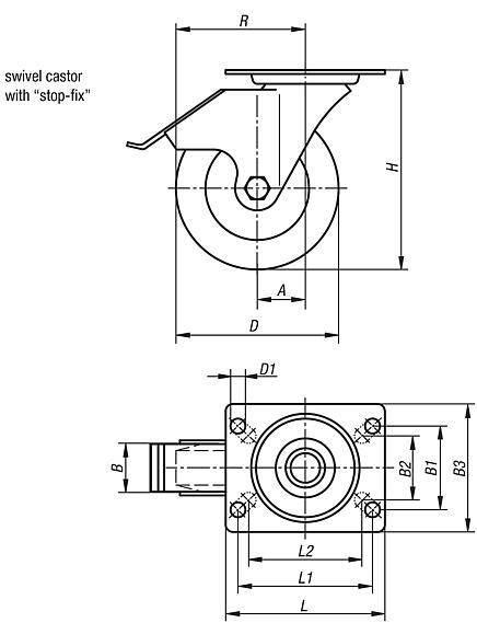 Swivel castors with stop fix, stainless steel, for sterile areas