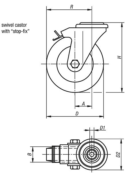 Swivel castors with stop fix