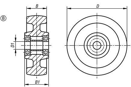 Roue polyamide, modèle lourd avec roulement à bille, forme B