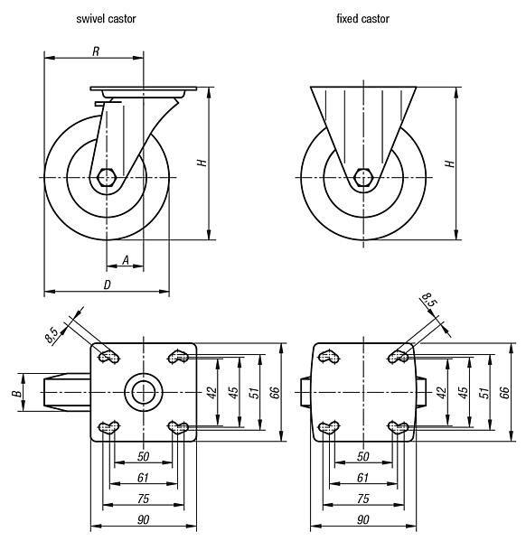 Swivel and fixed castors heavy-duty version