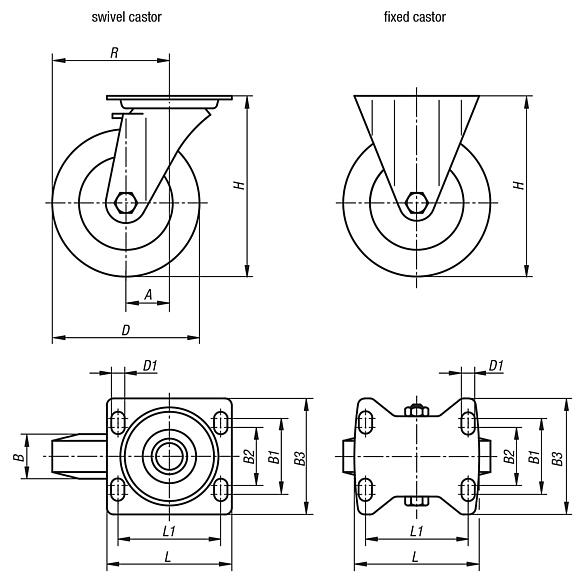 Swivel and fixed castors heavy-duty version