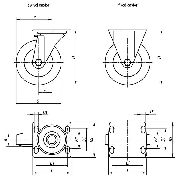 Swivel and fixed castors welded steel heavy-duty version