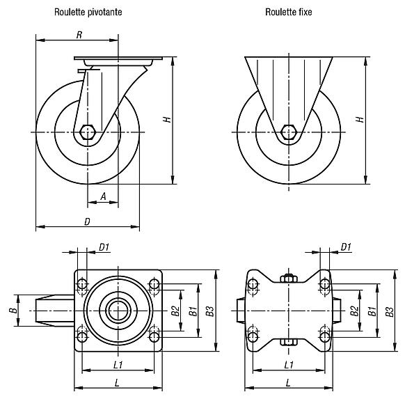 Roulettes pivotantes ou fixes en tôle d’acier avec roue en polyamide, modèle standard