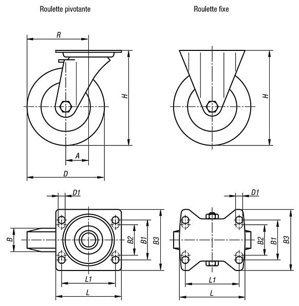 Roulettes pivotantes ou fixes en tôle d’acier avec roue en polyamide, modèle lourd