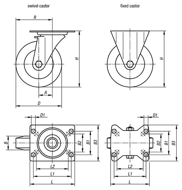 Swivel and fixed castors stainless steel for sterile areas