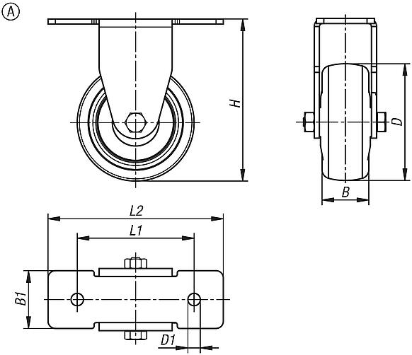 Roulettes pivotantes et fixes pour appareils en acier, bande de roulement en TPE pour profilés aluminium, forme A