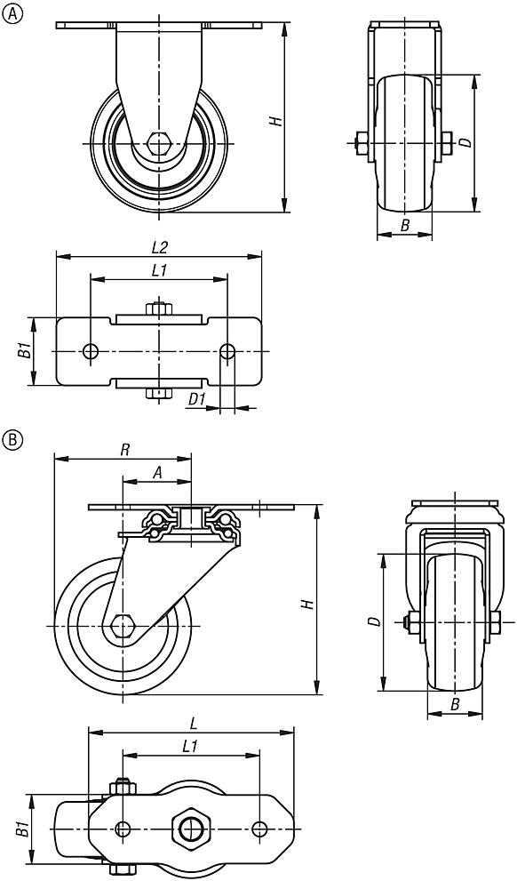 Roulettes pivotantes et fixes pour appareils en acier, bande de roulement en TPU pour profilés aluminium